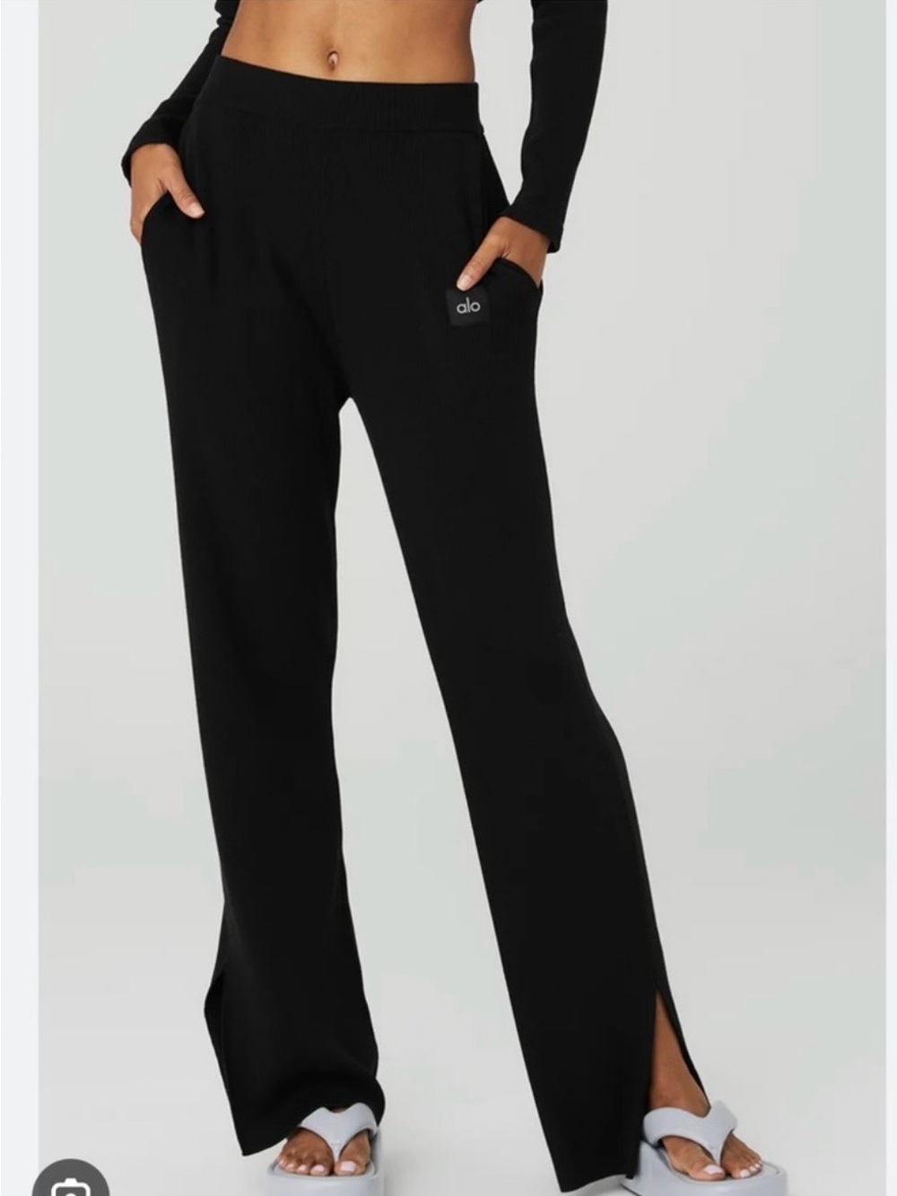 ALO Yoga Black High-Rise Wide Leg Split-Hem Pants